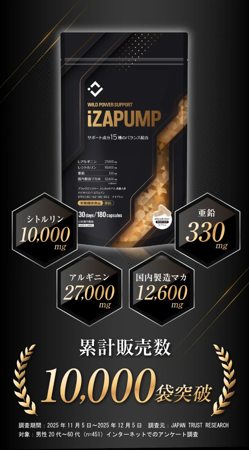 サポート成分15種のバランス配合 シトルリン10,000mg 亜鉛330mg アルギニン27,000mg 国内製造マカ12,600mg
