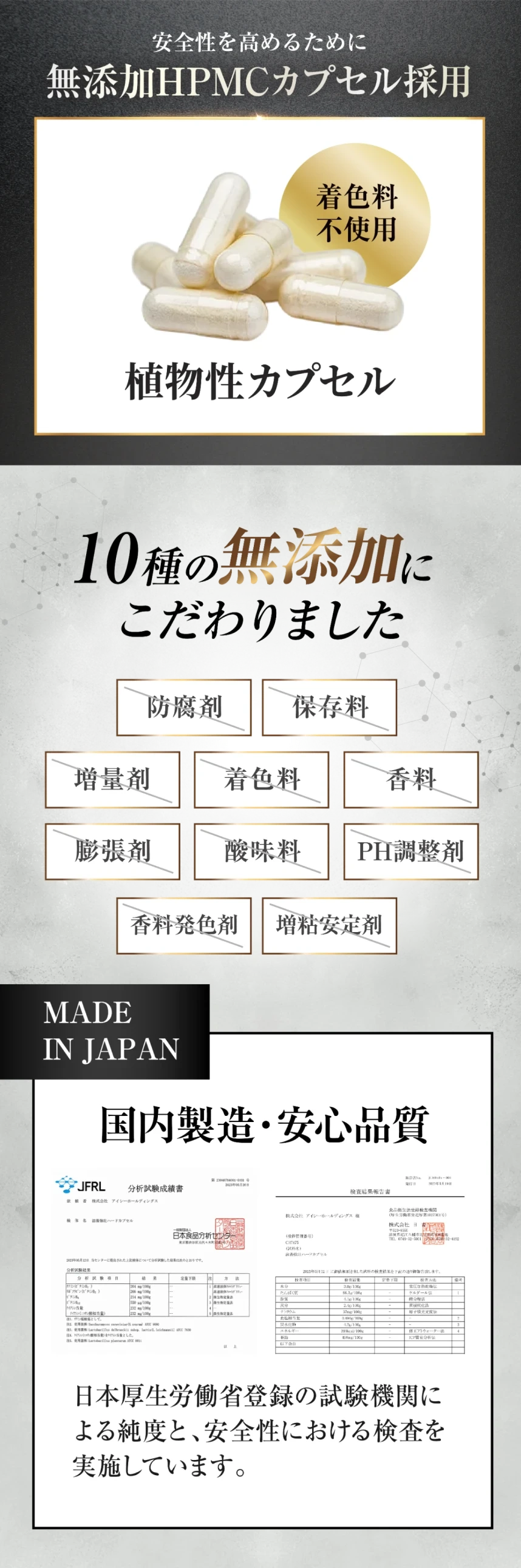 無添加HPMCカプセル採用 10種の無添加にこだわりました MADE IN JAPAN 国内製造・安心品質